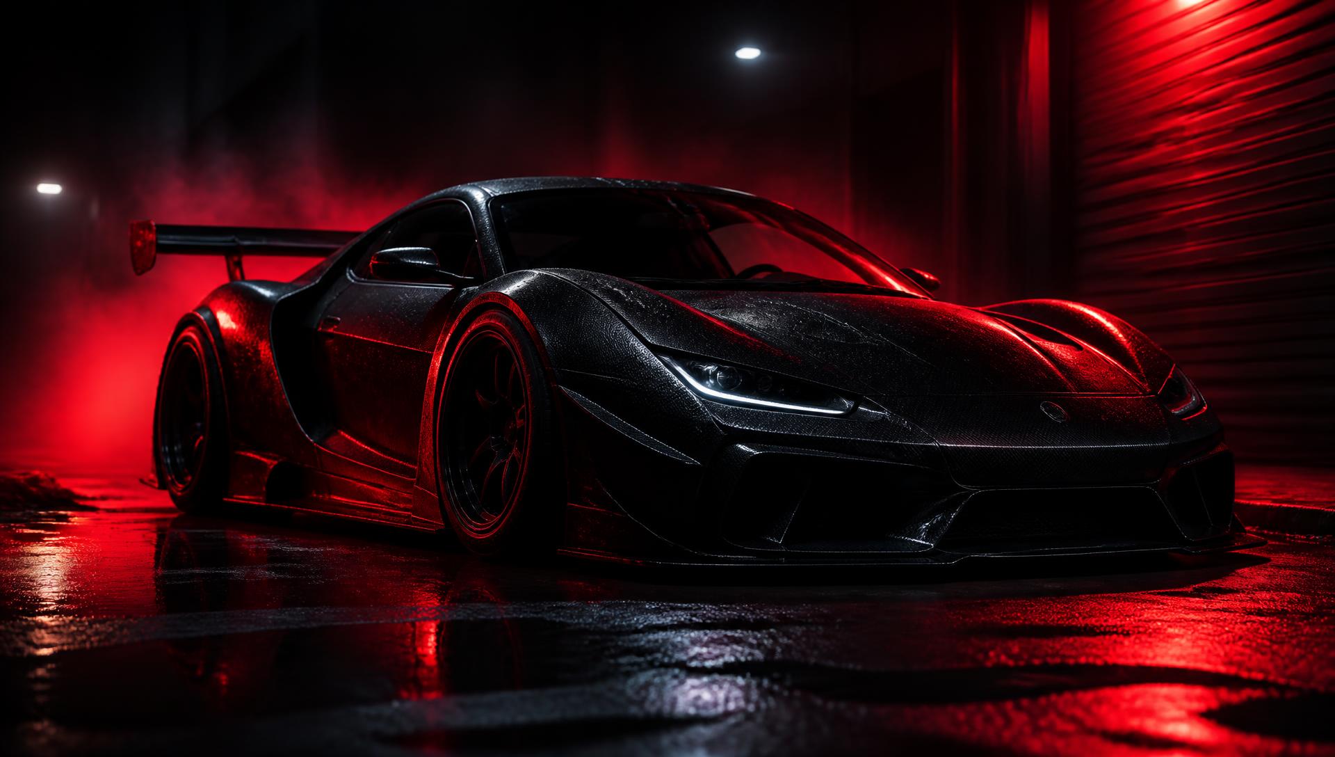 Blacked-out supercar lit in red inside a night garage